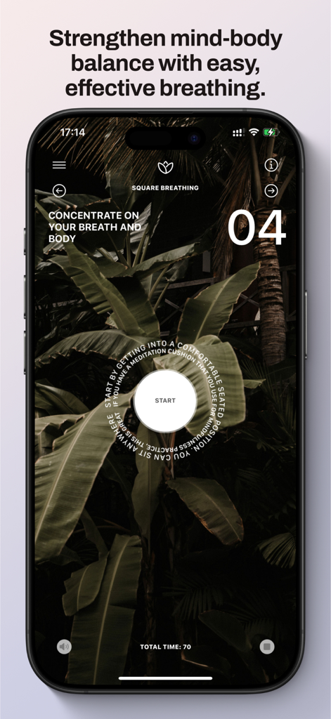 BreatheIn: Calm Breathing - BreatheIn app screen showing a square breathing exercise timer with a tropical palm leaf background