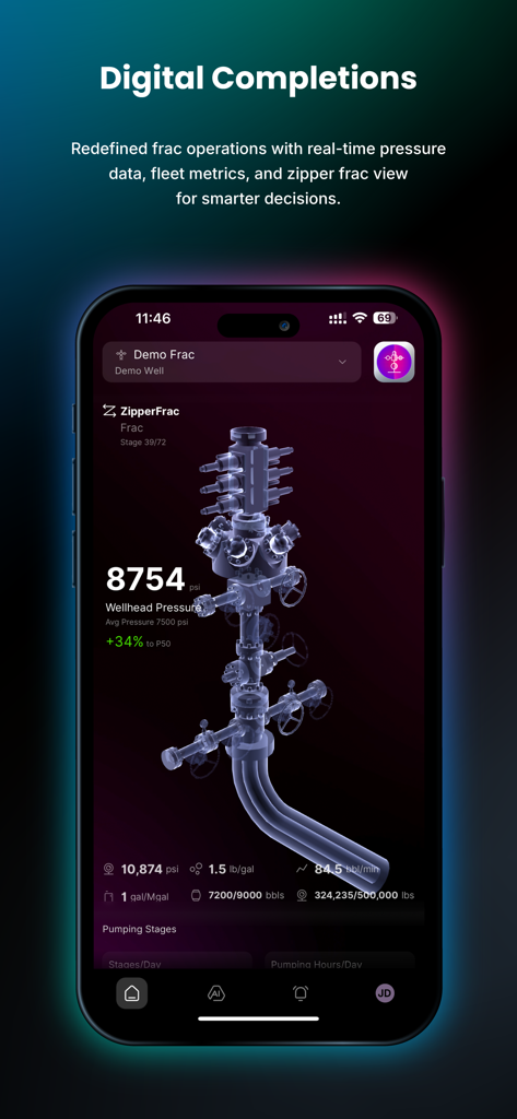 Corva app dashboard displaying digital completions data and real-time wellhead pressure for oil and gas operations
