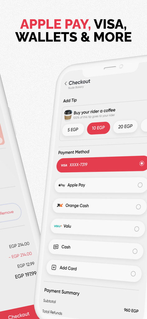 EZeats: A New Food Experience - EZeats mobile app checkout interface showing multiple payment methods including Apple Pay and credit cards
