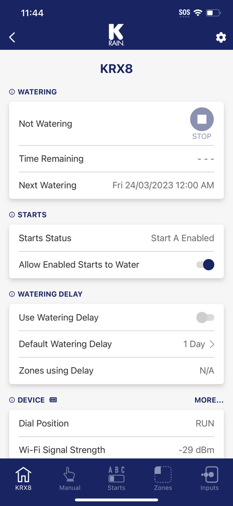 Holman Home - Interfaccia dell'app Holman Home per il controller K-Rain KRX8 che mostra lo stato dell'irrigazione e le impostazioni di avvio e ritardo