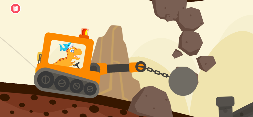 Dinosaur Digger Excavator Game - Dinosaur driving an orange excavator with a wrecking ball smashing rocks