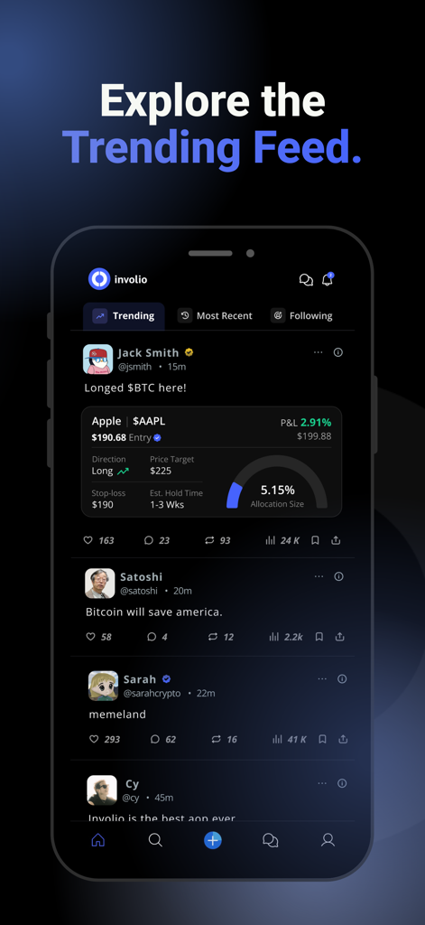 involio - Involio app screenshot showing a trending feed of verified stock and crypto trades from various investors.