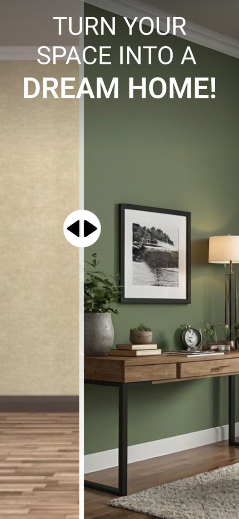 Room Planner: Interior Design - Comparación de antes y después que muestra la transformación de una habitación de una pared beige simple a un interior decorado en verde con un escritorio y decoración