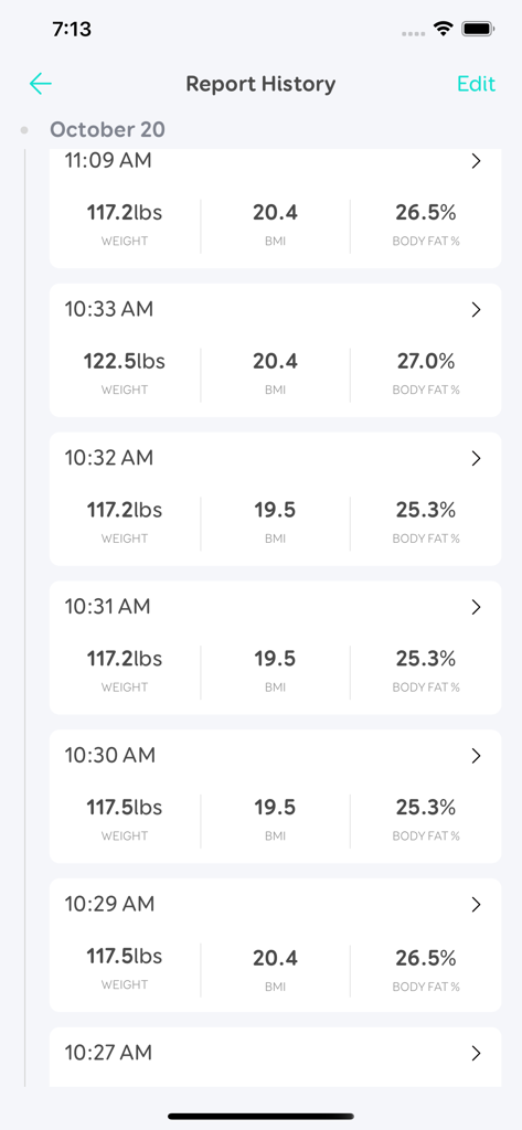 Eufy Life app report history screen displaying weight BMI and body fat percentage logs