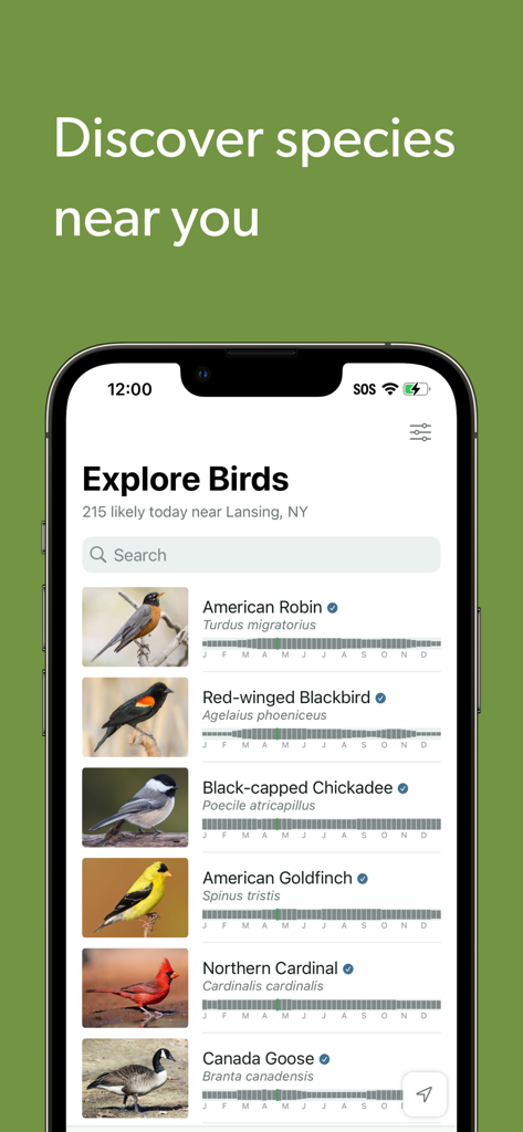 Merlin Bird ID app interface showing a list of common local bird species