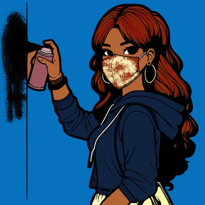 realistic girl with mask spray painting a wall