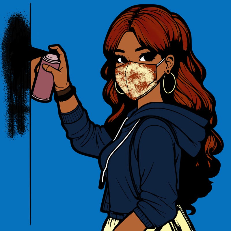 realistic girl with mask spray painting a wall