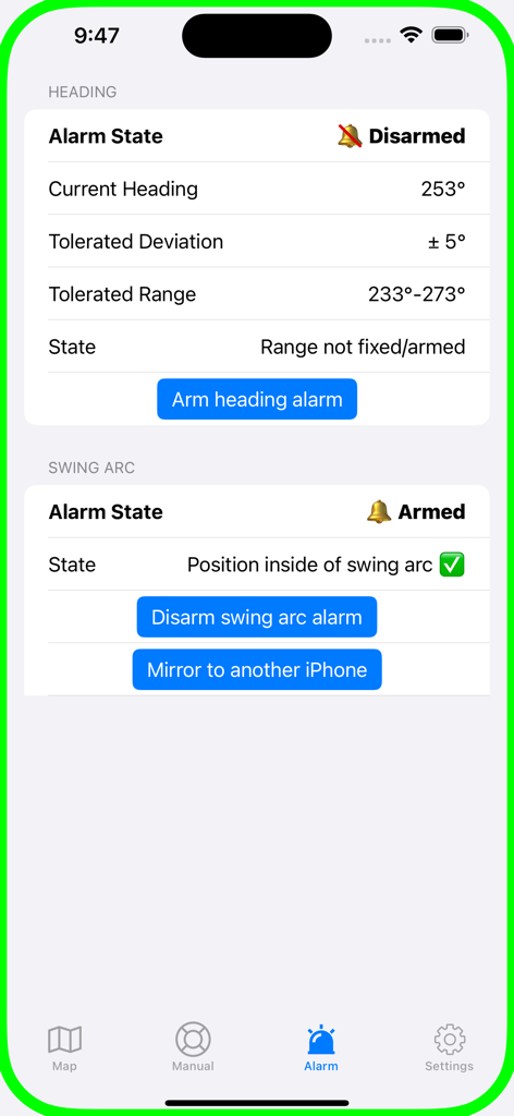 Anchor Alarm - Anchor Watch - Anchor Watch app interface showing heading and swing arc alarm status and settings