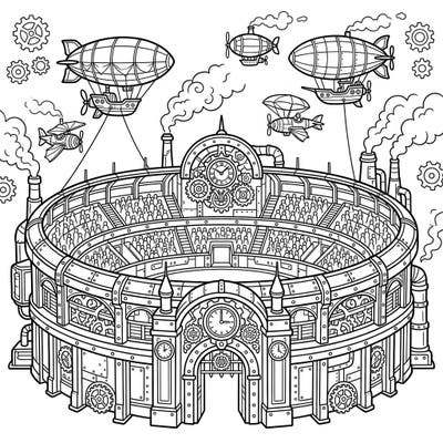 Step into a fantastical world where a classic stadium meets industrial steampunk charm! This exciting coloring page features elaborate gears, soaring airships, and a lively crowd, ready for young artists to bring it to life.