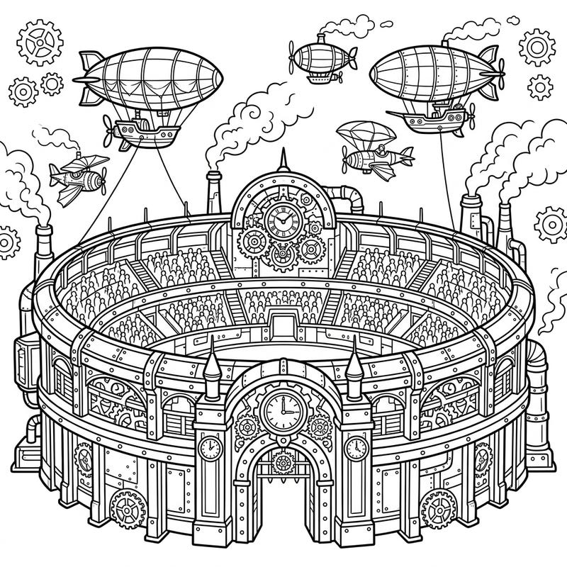 Step into a fantastical world where a classic stadium meets industrial steampunk charm! This exciting coloring page features elaborate gears, soaring airships, and a lively crowd, ready for young artists to bring it to life.