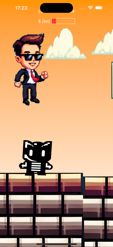 Tech Billionaire Jump - Un personaje billonario pixelado saltando sobre un oponente en un juego retro