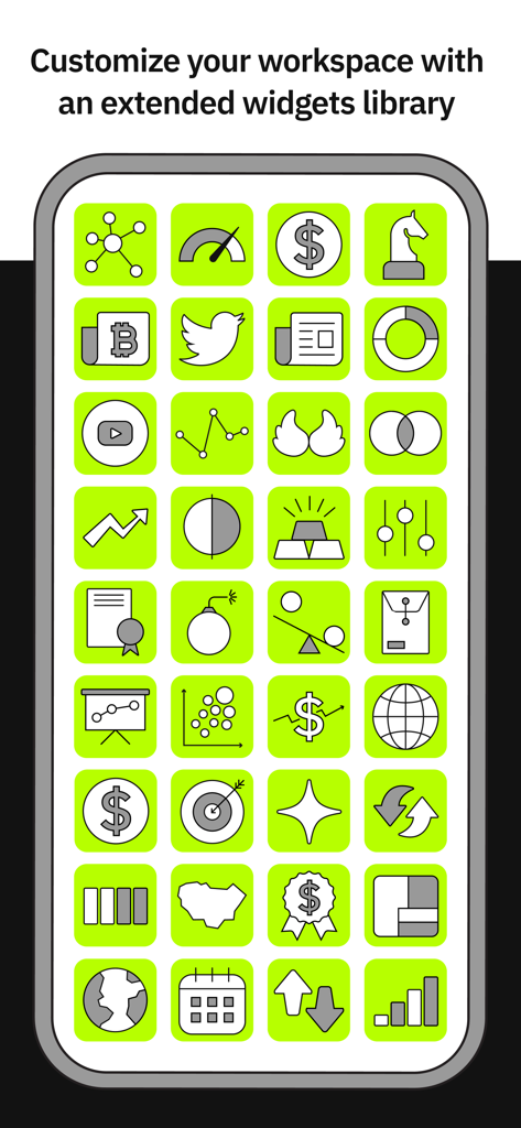 Merlin Investor - A mobile screen showing the Merlin Investor app widget library for workspace customization.