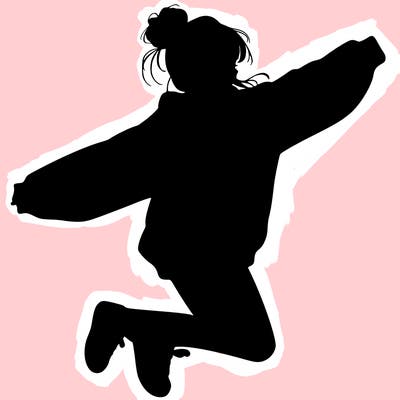 realistic girl jumping with a bun and oversized sweatshirt