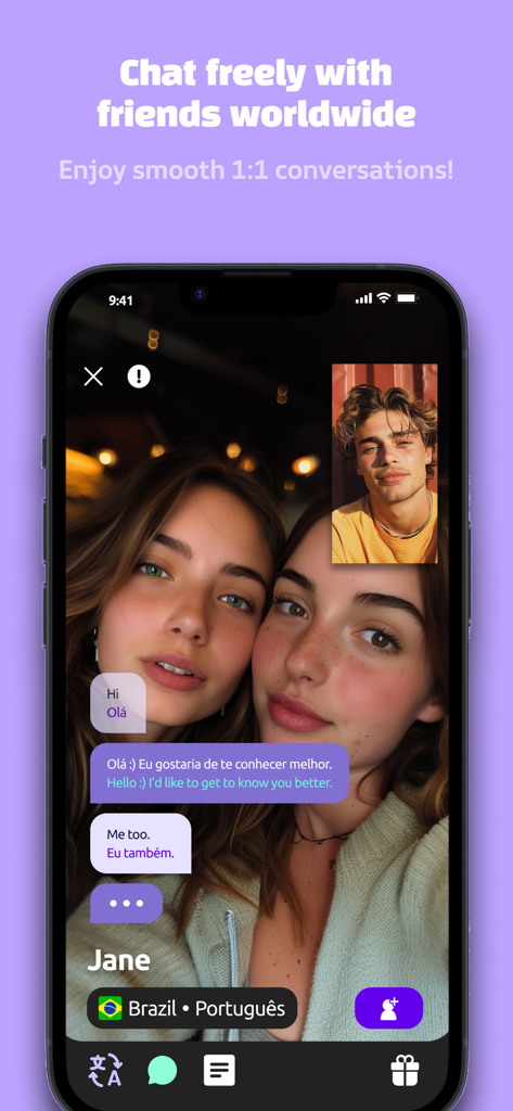 Captura de pantalla de la aplicación Bermuda mostrando una videollamada 1 a 1 con traducción en tiempo real