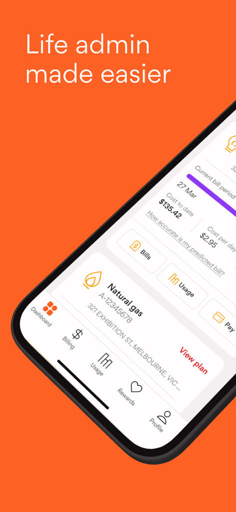 Origin Energy app interface displaying a natural gas usage dashboard with billing information.