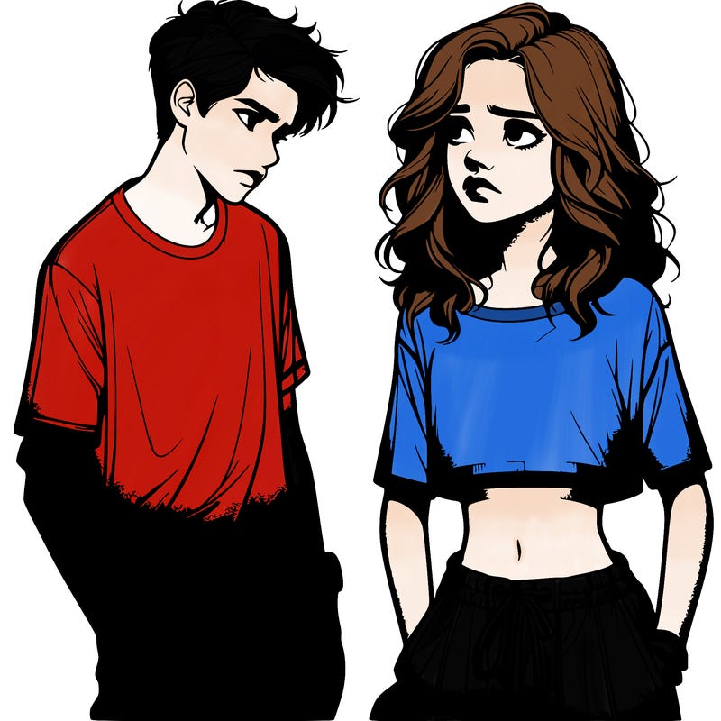 realistic boy looking at a cute realistic girl in a crop top and baggie pants that looks angry