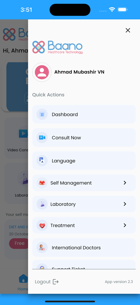 Baano - Navigation drawer in Baano healthcare app displaying quick action links for dashboard, consultations, language settings, laboratory services, and international doctors.
