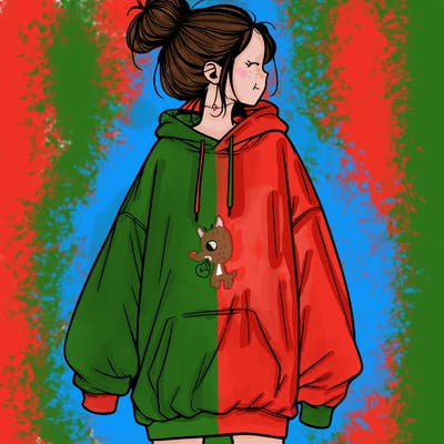 realistic girl with a oversized sweatshirt on and a bun