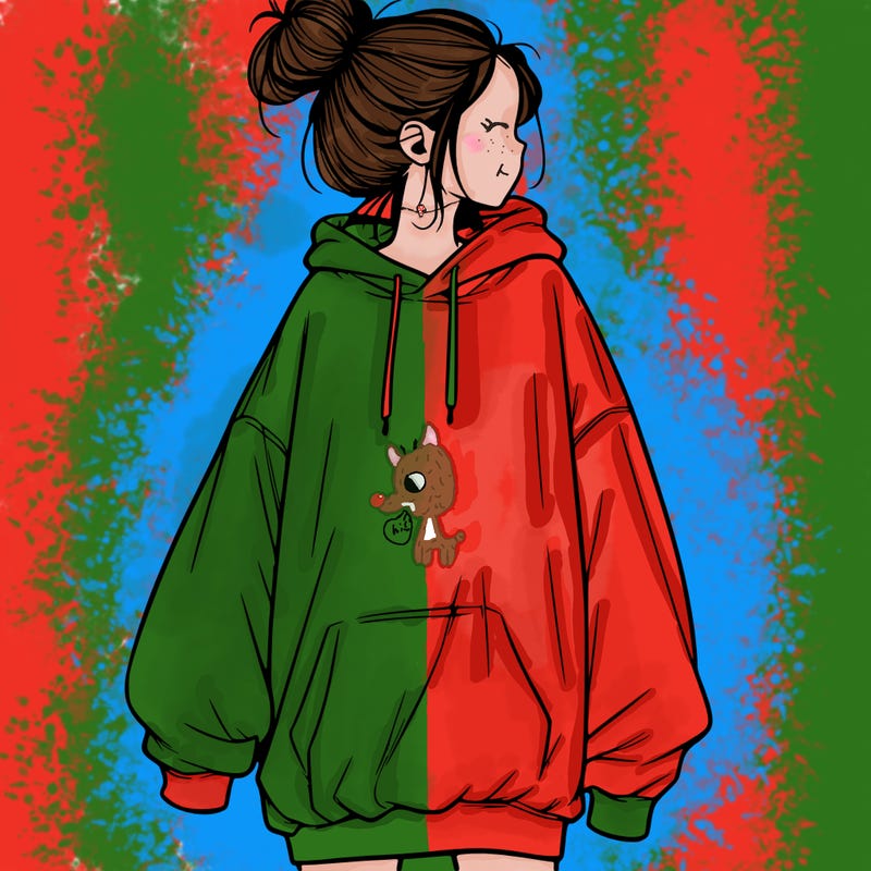 realistic girl with a oversized sweatshirt on and a bun