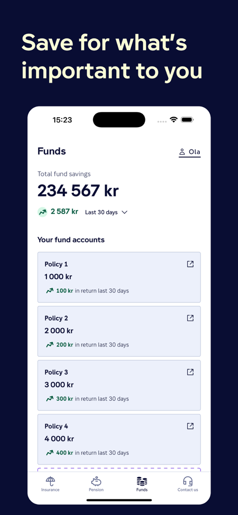 Gjensidige - Dashboard in der Gjensidige-App, das die gesamten Ersparnisse und die Performance von Investmentfonds anzeigt.