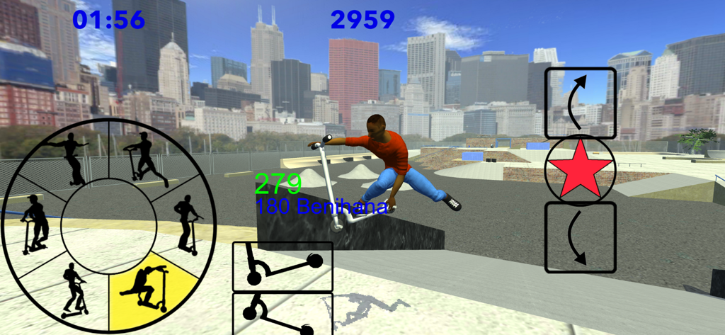 Scooter Freestyle Extreme 3D - A player performing a scooter stunt in a city skatepark environment.