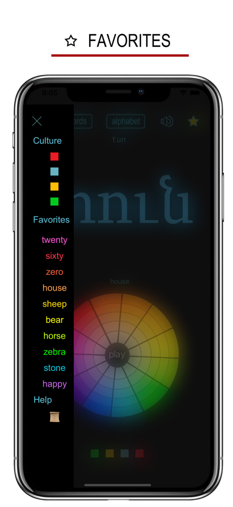 Captura de pantalla de la aplicación Armenian Words and Writing que muestra la lista del menú de favoritos y una colorida rueda de palabras interactiva.