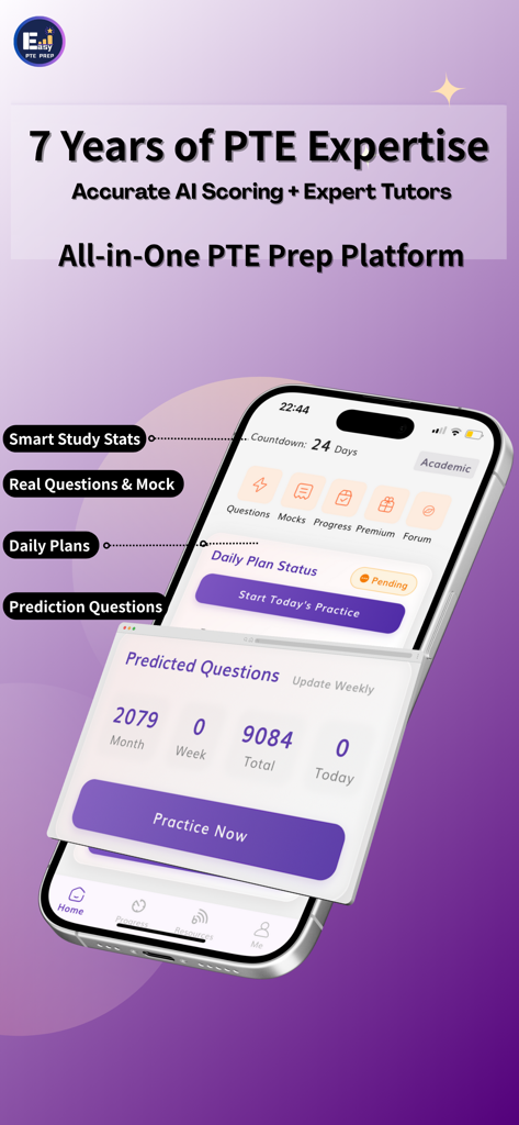EasyPTE mobile app dashboard highlighting AI scoring and predicted questions for PTE exam preparation