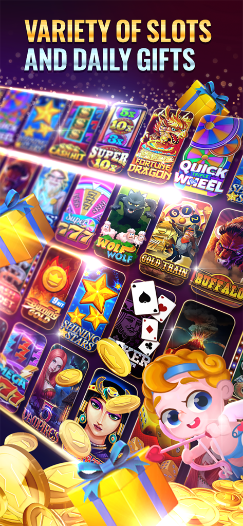 Gold Party Casino - A display of various themed slot machines and gift boxes from Gold Party Casino