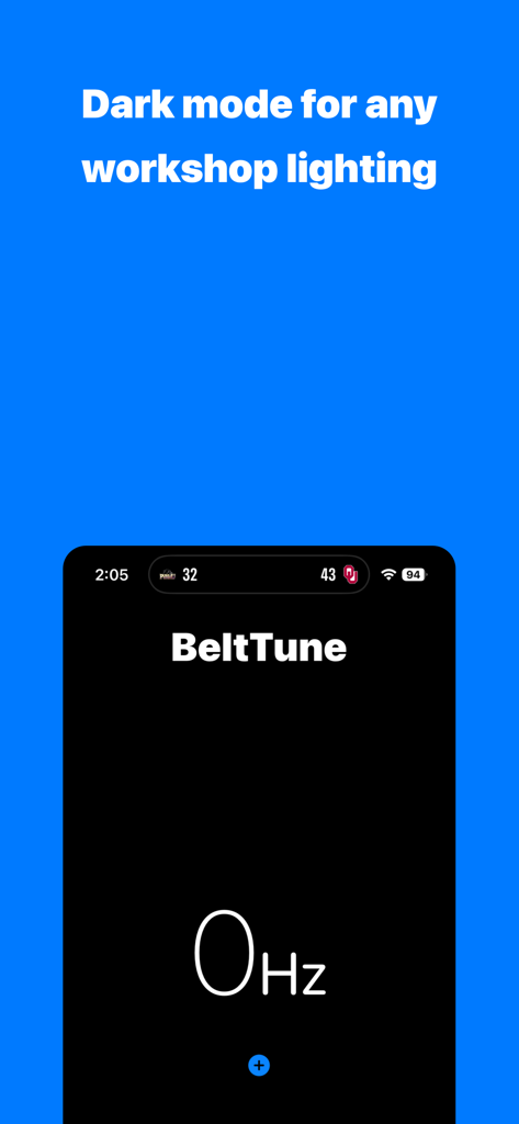 BeltTune - Interface de l'application mobile BeltTune en mode sombre pour l'éclairage d'atelier