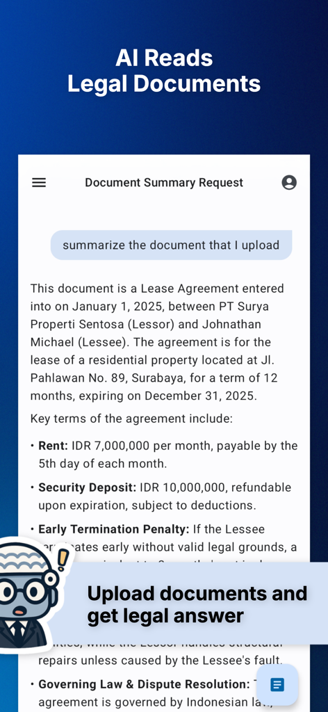 AI Reads Law: Legal Assistant - AI Reads Lawアプリインターフェース。法的賃貸契約書の自動要約を表示しています。