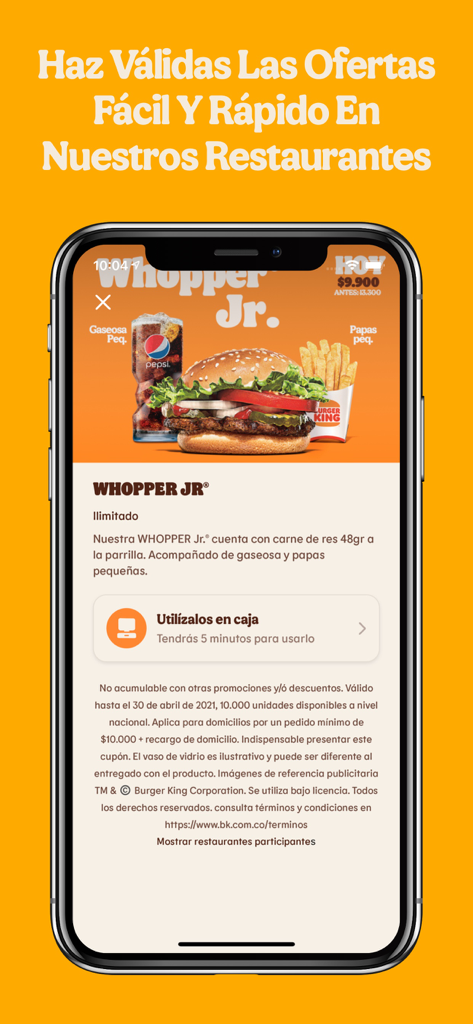 Burger King® Colombia - Burger King Kolumbien App-Bildschirm mit einem Whopper Jr. Menüangebot und einem Gutschein zur Verwendung im Restaurant