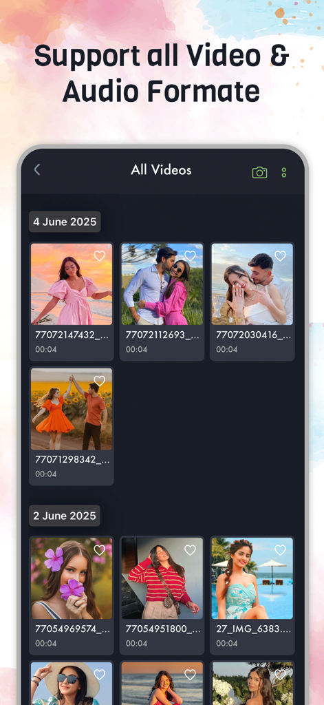 Interfaccia dell'app MX Video Player HD che mostra una galleria di video archiviati organizzati per data