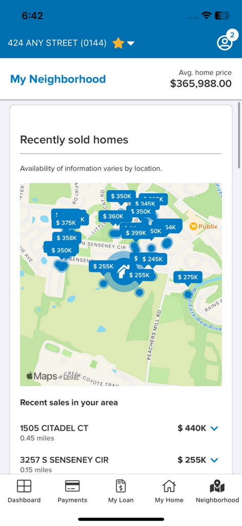 MortgageQuestions - A map showing recently sold homes and estimated property values in the neighborhood feature of the MortgageQuestions app.
