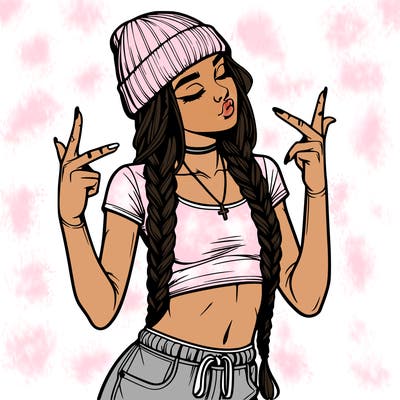 realistic teenage girl with braids and a beanie and crop top doing 🫶🏼