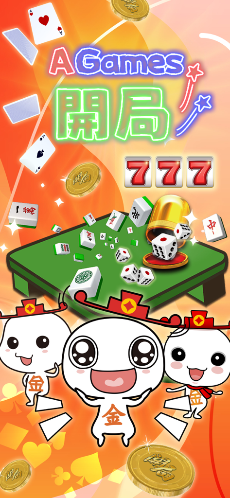 Tela de abertura do jogo móvel Kai Guk com personagens de desenho animado com azulejos de Mahjong, dados, cartas de jogar e números de máquina caça-níqueis.