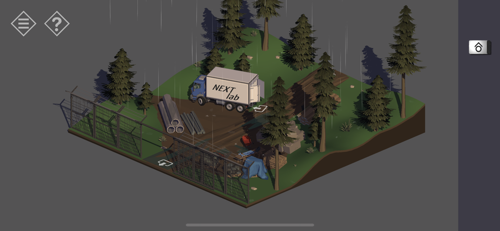 Un camion de laboratoire blanc garé dans une clairière forestière pluvieuse dans un jeu de puzzle isométrique 3D