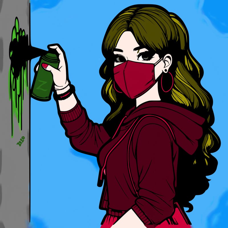 realistic girl with mask spray painting a wall