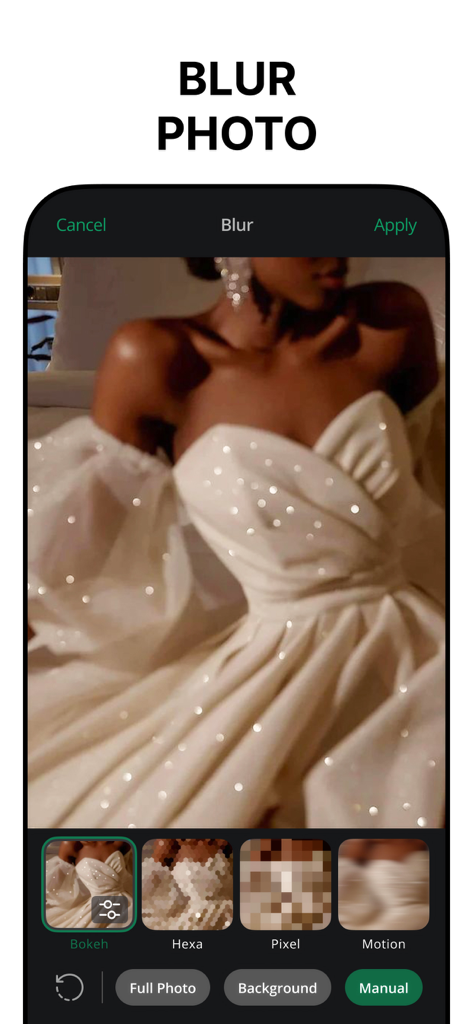 Background Eraser, AI - AppCut - AppCut app interface showing the blur photo tool with bokeh hexa and pixel options