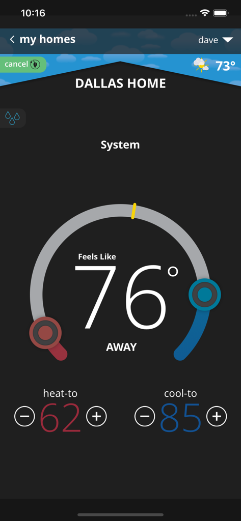 Interface of the Lennox iComfort T-Stat app displaying a home thermostat set to Away mode.