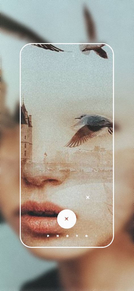 Foli: Dual Lens Camera Effects - Foli app interface showing a double exposure effect blending a face and flying birds