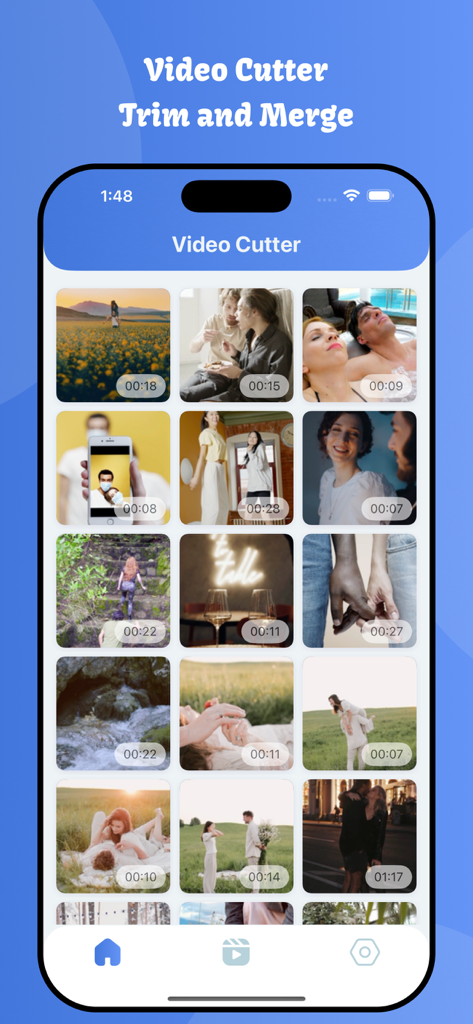 A gallery view in the Video Cutter app showing a grid of personal video clips with their timestamps on an iPhone.