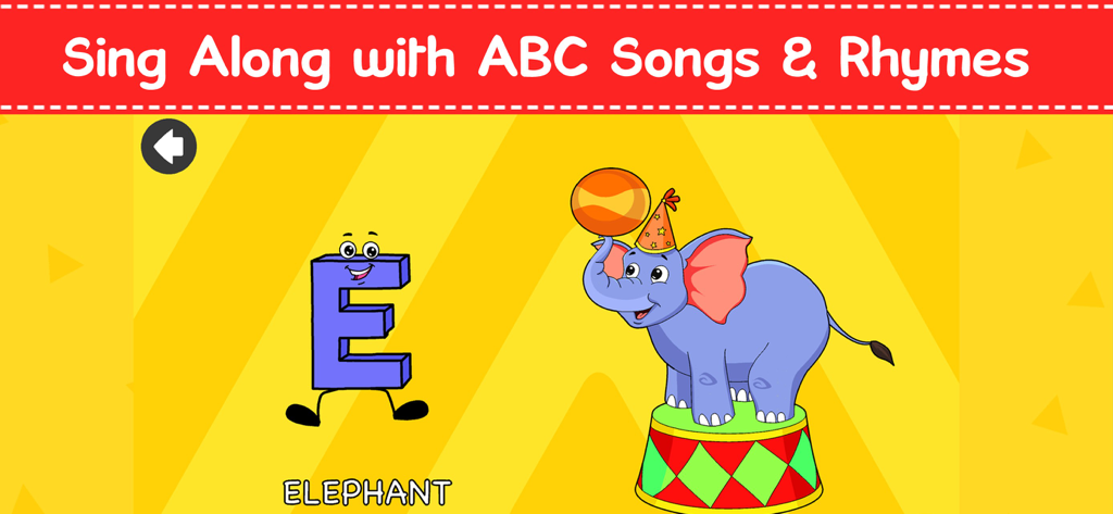 English For Kids - School App - Educational screen showing the letter E and a cartoon elephant from the English For Kids School App
