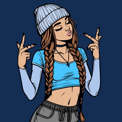 realistic teenage girl with braids and a beanie and crop top doing 🫶🏼