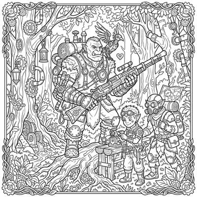 Explore a fantastical blend of nature and machinery with this Steampunk Forest Orcs coloring page. Discover a mighty orc warrior alongside its inventive companions amidst a forest transformed by gears and steam.