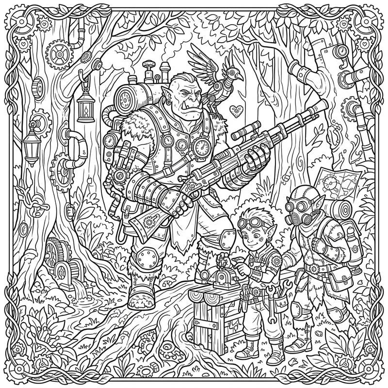 Explore a fantastical blend of nature and machinery with this Steampunk Forest Orcs coloring page. Discover a mighty orc warrior alongside its inventive companions amidst a forest transformed by gears and steam.