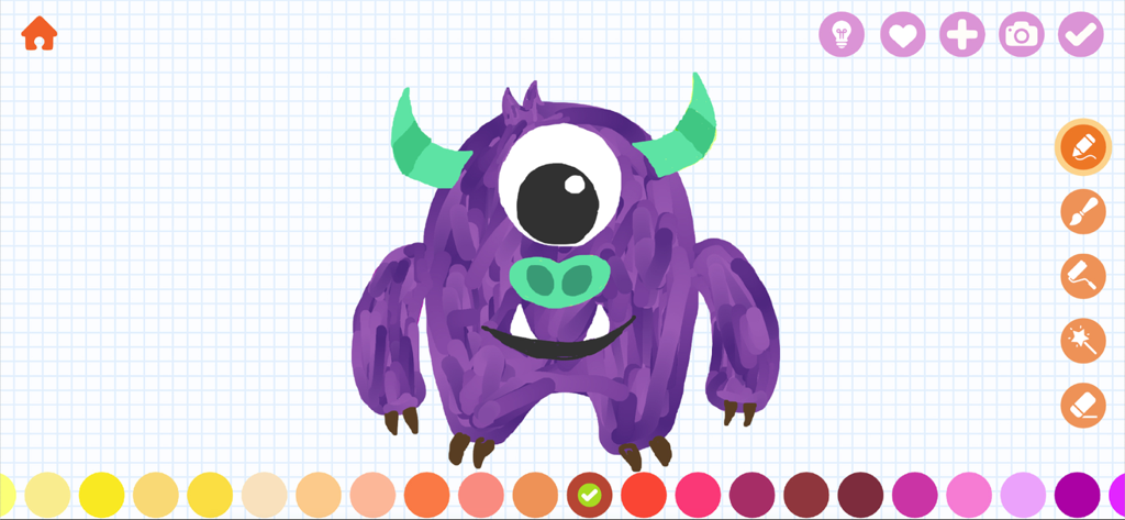 Purple one eyed monster drawing on a grid background with colorful art tools and brushes in the Yamo Draw app