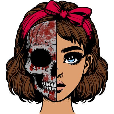 realistic girl with half skull mask