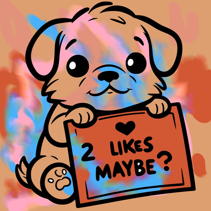 a puppy holding a sign that says 2 likes maybe?