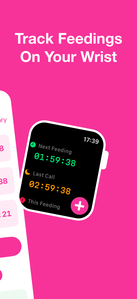 Babyfütterungs-Tracker-Oberfläche auf einer Apple Watch, die Countdowntimer für die nächste Fütterung und Milchfrische anzeigt