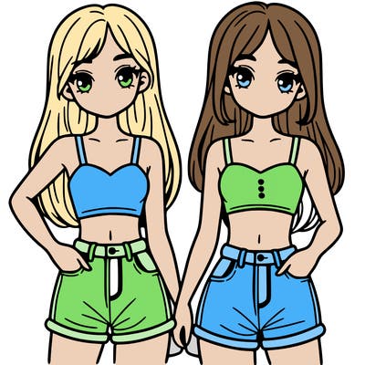 two sisters with crop tops and jean shorts and straight hair